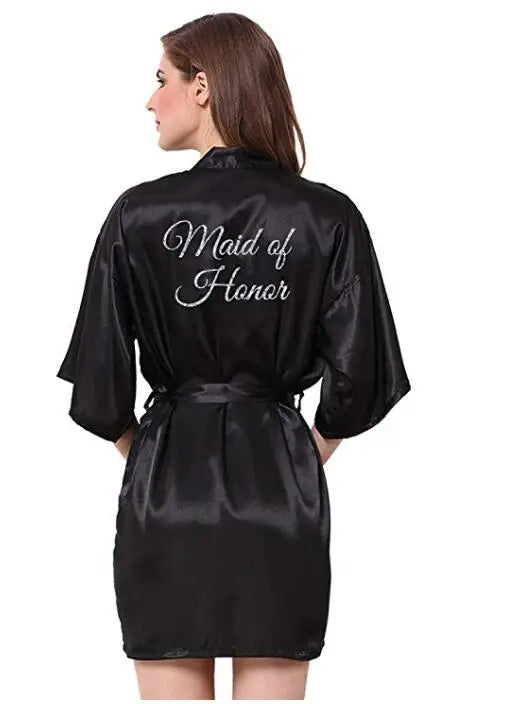Satin Bridal Party Robe – Getting Ready Robes with Silver Grey Writing