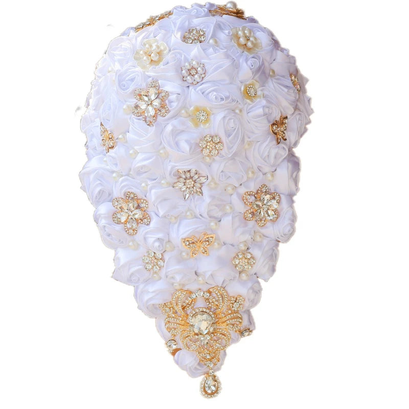 Crystal Bride Waterfall Bouquet – Handmade Satin Rose Bridal Bouquet