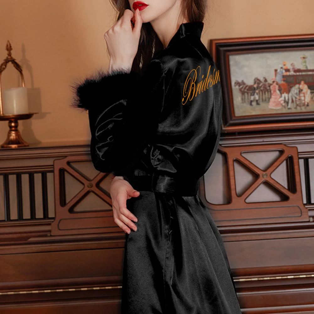 Feather Trim Bridal Satin Robe – Embroidered Bride & Bridesmaid Kimono