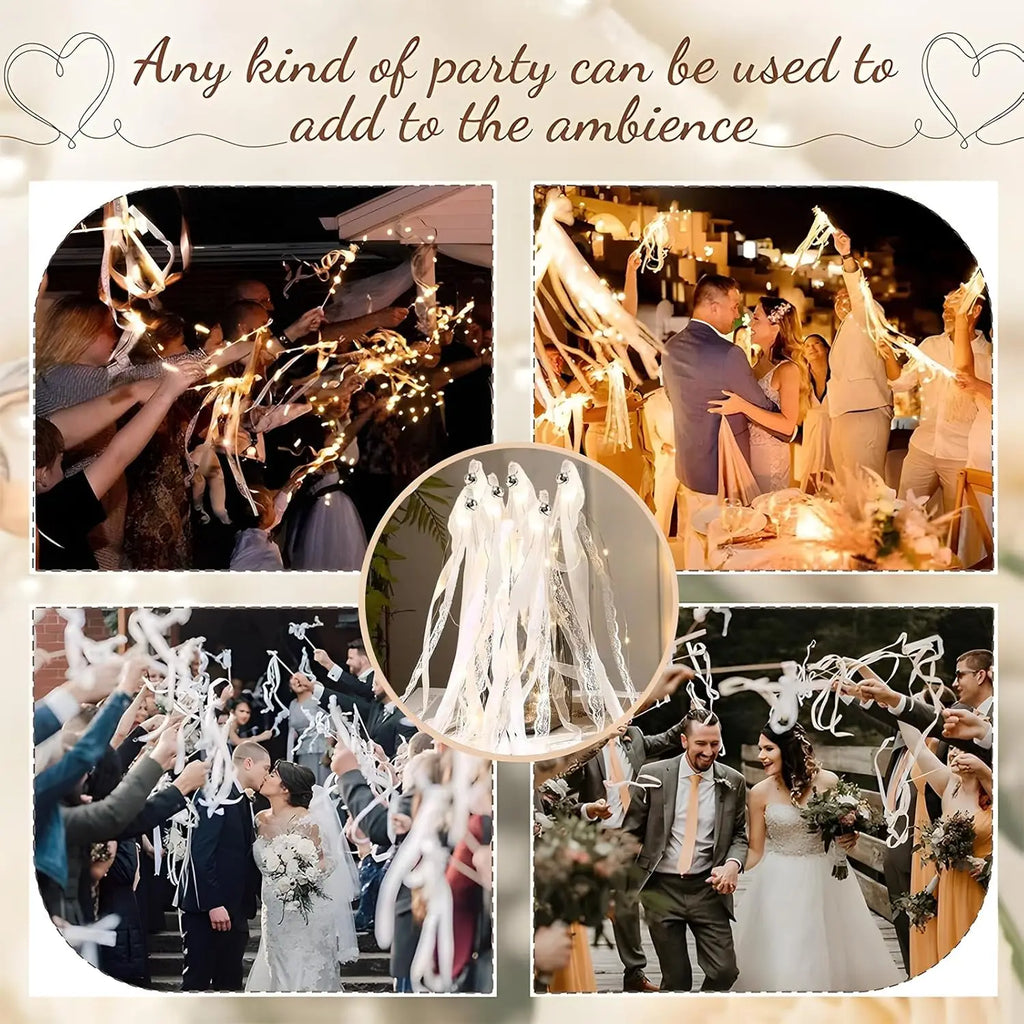 Light Up Wedding Wands LED Ribbon Sparklers with Bells — Wedding Exit and Dance Floor Props (20 to 60 Pieces)