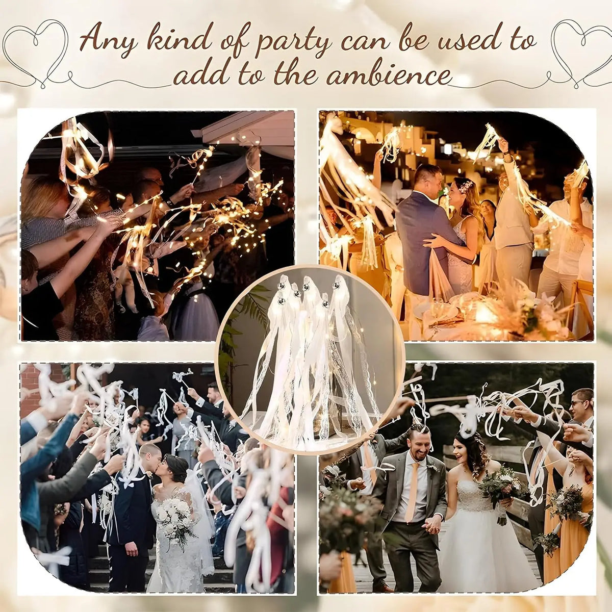 Light Up Wedding Wands LED Ribbon Sparklers with Bells — Wedding Exit and Dance Floor Props (20 to 60 Pieces)