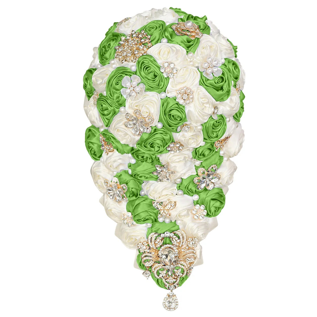 Crystal Bride Waterfall Bouquet – Handmade Satin Rose Bridal Bouquet