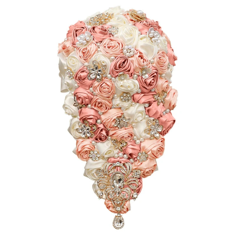Crystal Bride Waterfall Bouquet – Handmade Satin Rose Bridal Bouquet