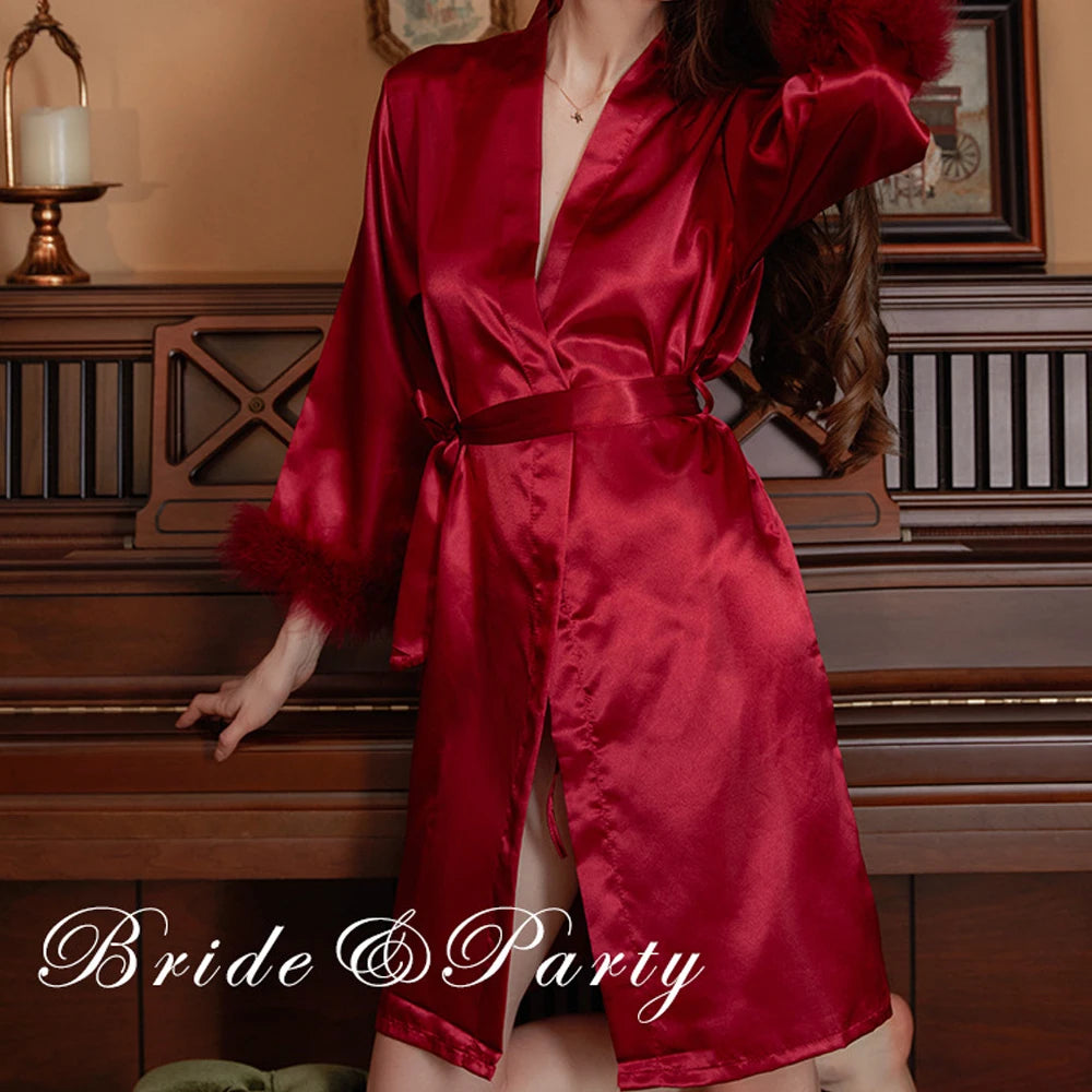Feather Trim Bridal Satin Robe – Embroidered Bride & Bridesmaid Kimono