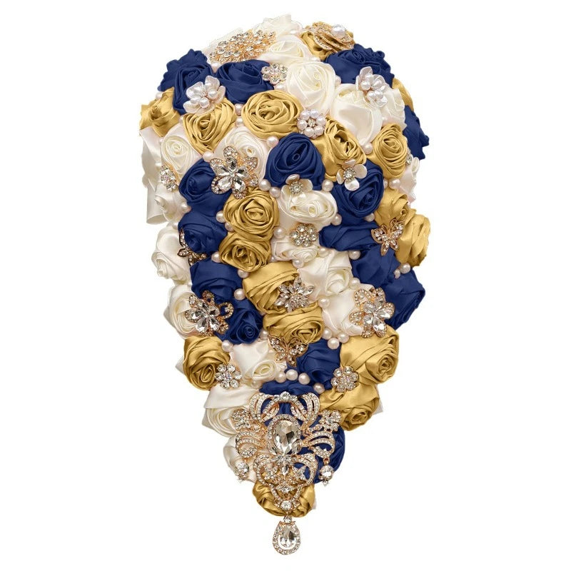 Crystal Bride Waterfall Bouquet – Handmade Satin Rose Bridal Bouquet