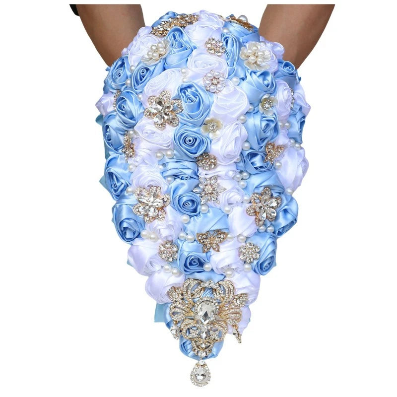 Crystal Bride Waterfall Bouquet – Handmade Satin Rose Bridal Bouquet
