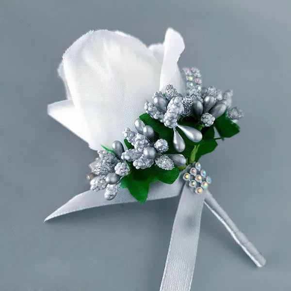 Wedding Boutonniere & Wrist Corsage – Artificial Silk Rose Buttonhole for Groom & Bridal Party