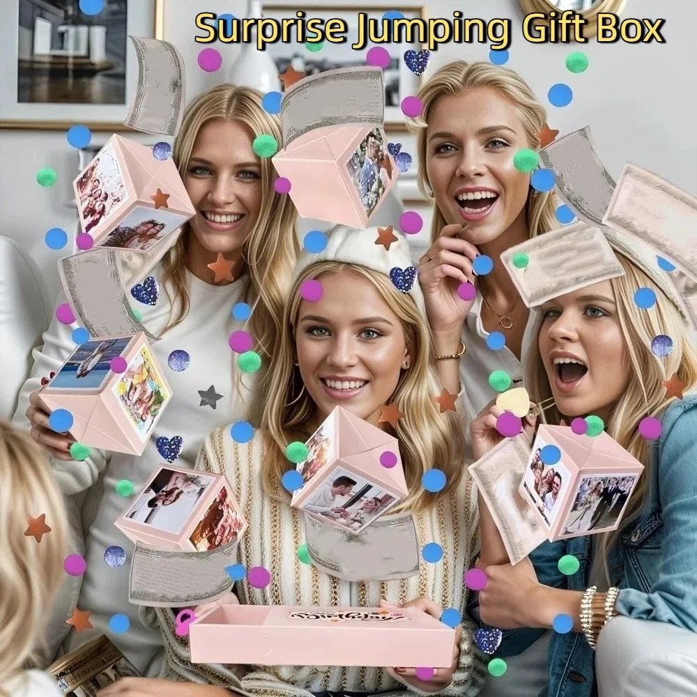 Romantic Surprise Jumping Gift Box — Handmade Folding Bouncy Box for Birthdays & Anniversaries (Black & Pink)