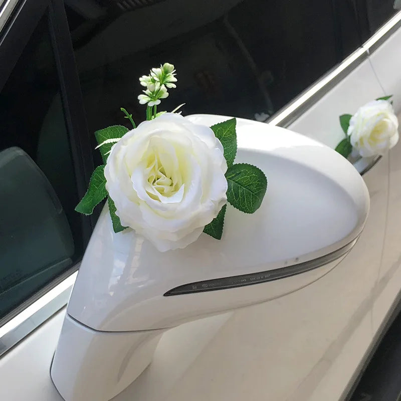 White Rose Silk Flower Wedding Car Decoration Set