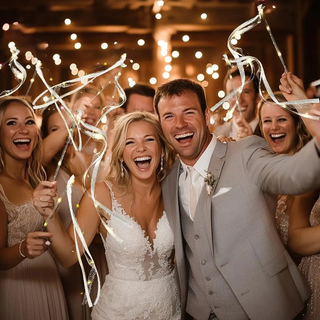 Light Up Wedding Wands LED Ribbon Sparklers with Bells — Wedding Exit and Dance Floor Props (20 to 60 Pieces)