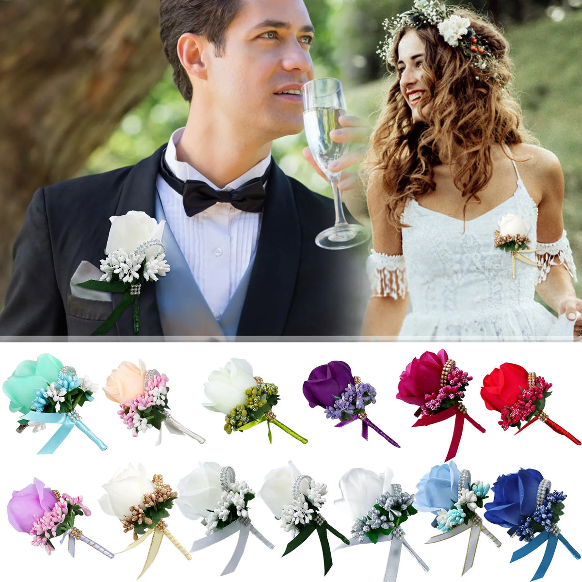 Wedding Boutonniere & Wrist Corsage – Artificial Silk Rose Buttonhole for Groom & Bridal Party