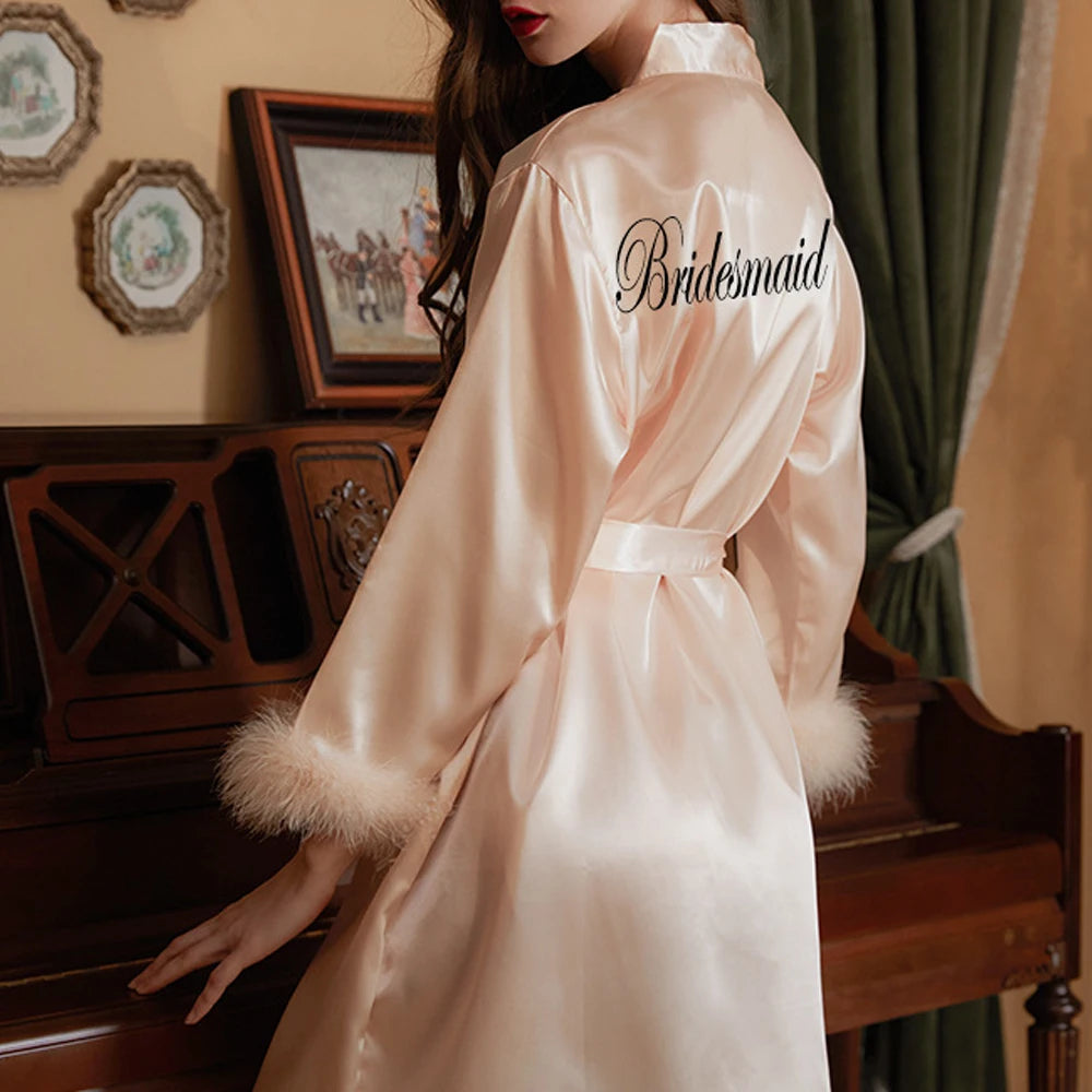 Feather Trim Bridal Satin Robe – Embroidered Bride & Bridesmaid Kimono