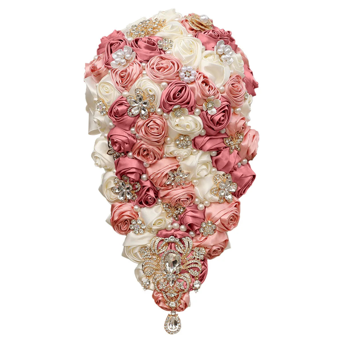 Crystal Bride Waterfall Bouquet – Handmade Satin Rose Bridal Bouquet