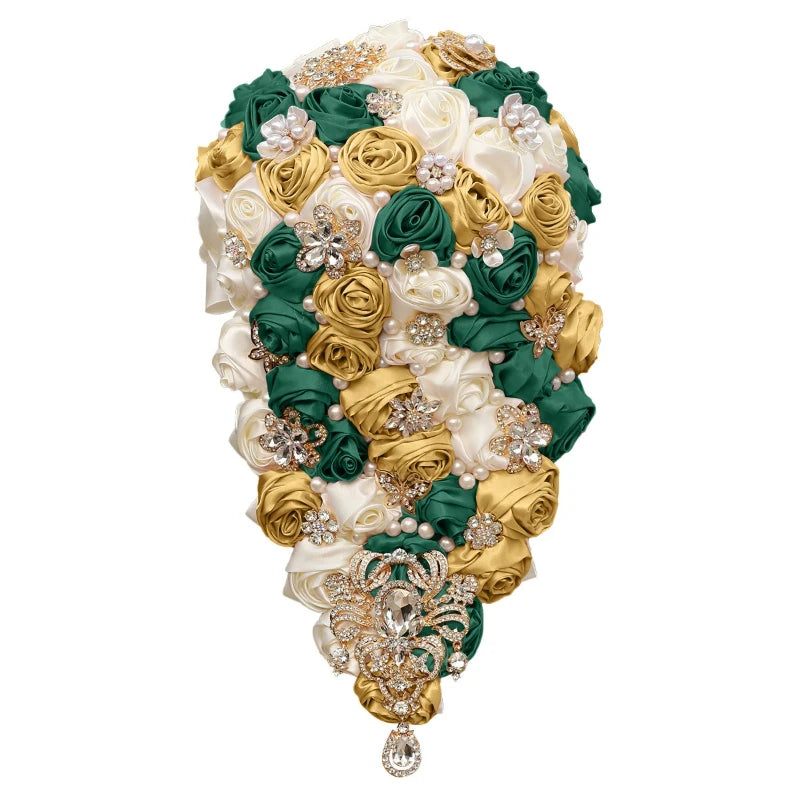 Crystal Bride Waterfall Bouquet – Handmade Satin Rose Bridal Bouquet
