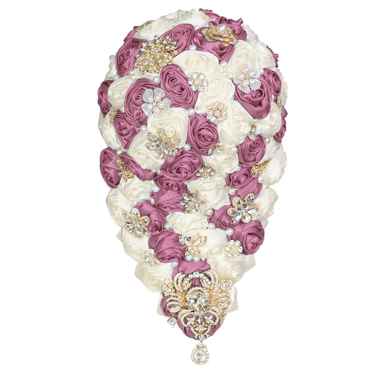 Crystal Bride Waterfall Bouquet – Handmade Satin Rose Bridal Bouquet