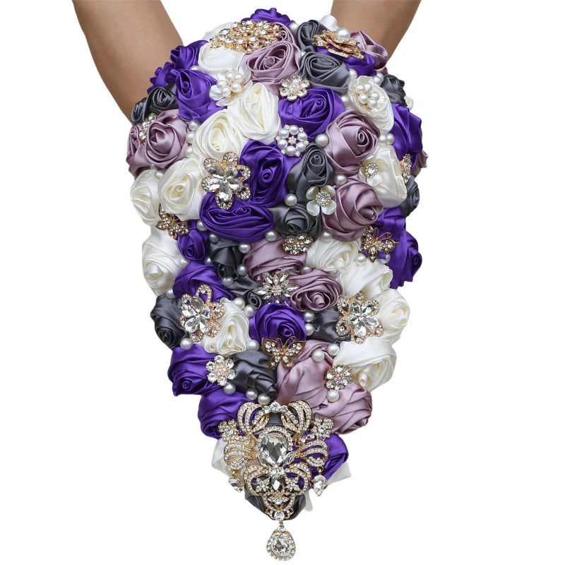 Crystal Bride Waterfall Bouquet – Handmade Satin Rose Bridal Bouquet