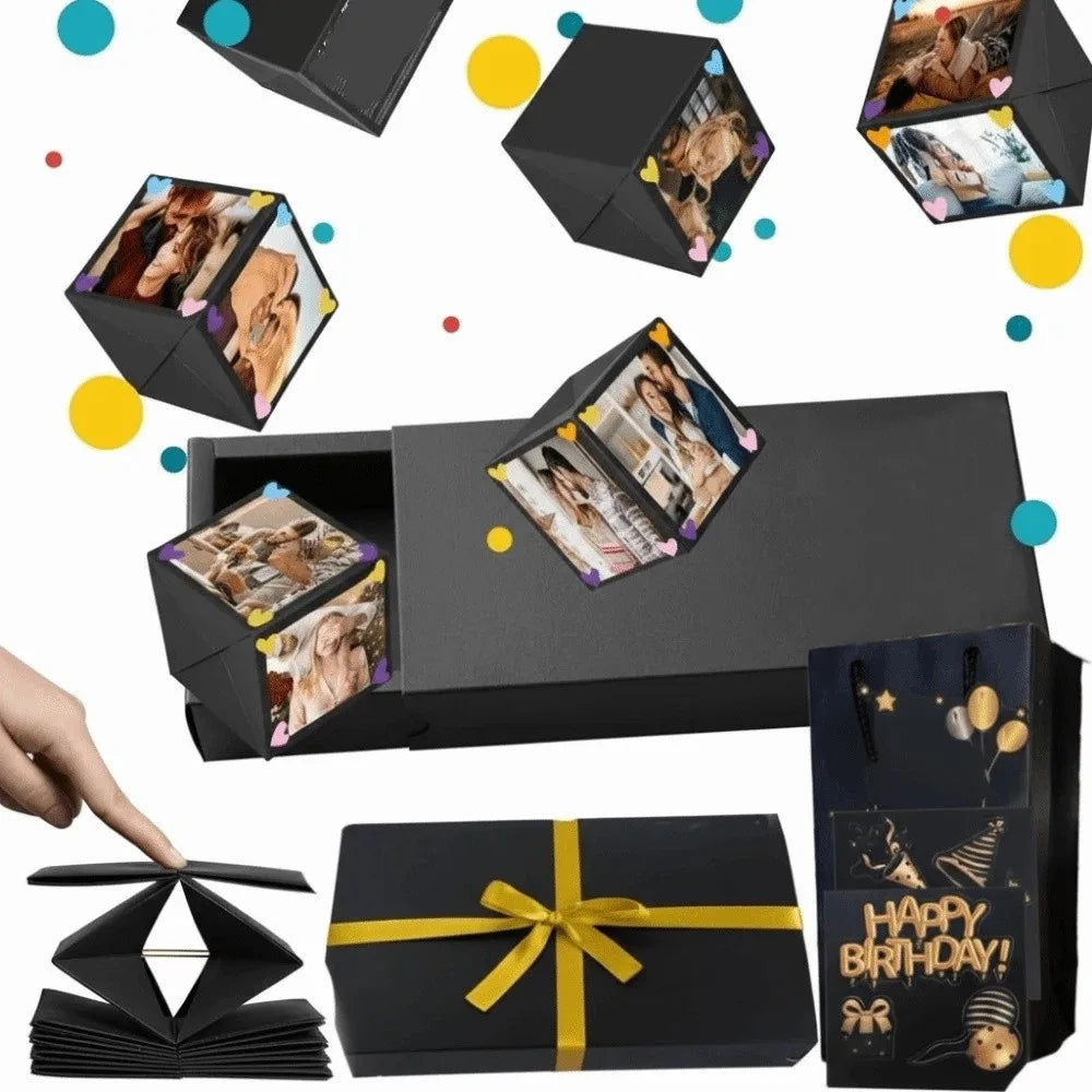 Romantic Surprise Jumping Gift Box — Handmade Folding Bouncy Box for Birthdays & Anniversaries (Black & Pink)