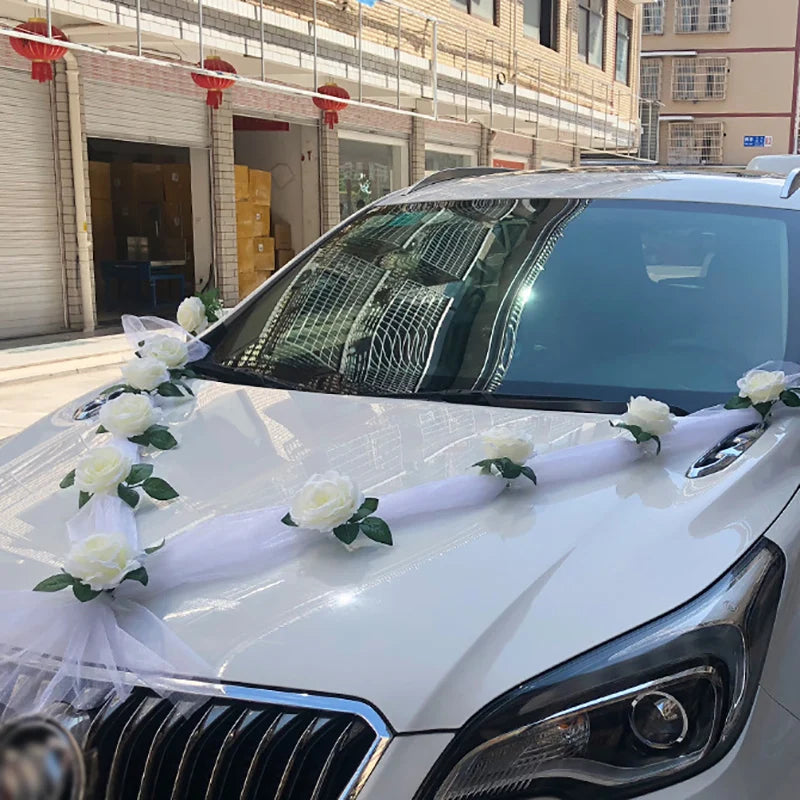 White Rose Silk Flower Wedding Car Decoration Set