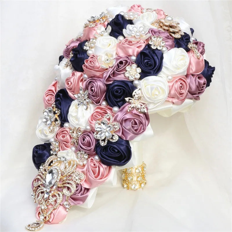 Crystal Bride Waterfall Bouquet – Handmade Satin Rose Bridal Bouquet