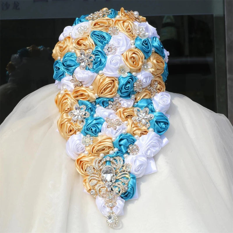 Crystal Bride Waterfall Bouquet – Handmade Satin Rose Bridal Bouquet