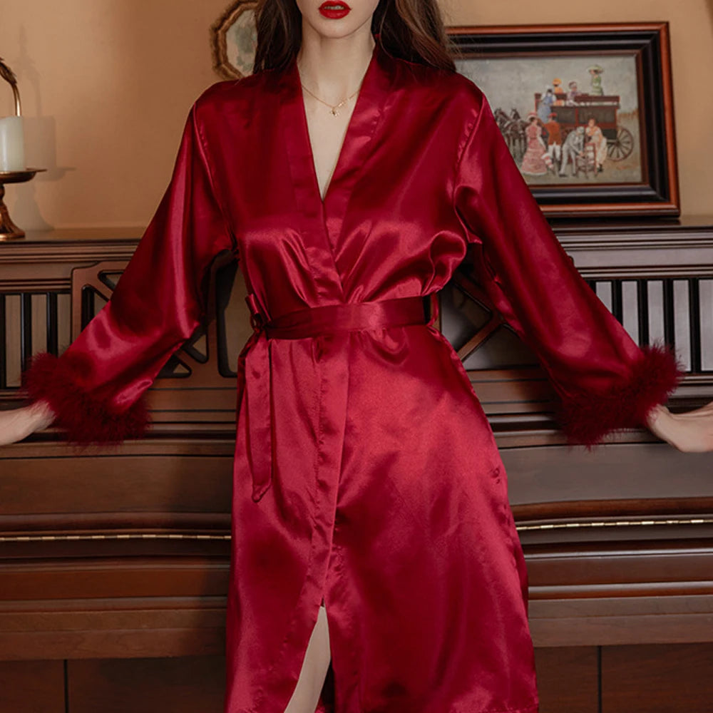 Feather Trim Bridal Satin Robe – Embroidered Bride & Bridesmaid Kimono