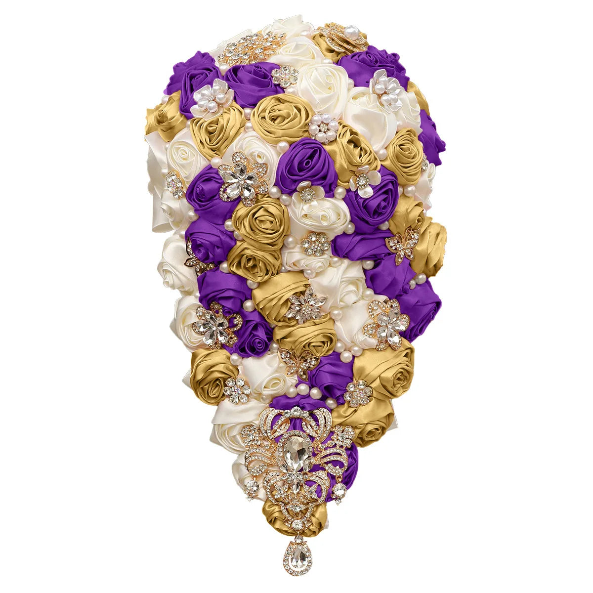 Crystal Bride Waterfall Bouquet – Handmade Satin Rose Bridal Bouquet