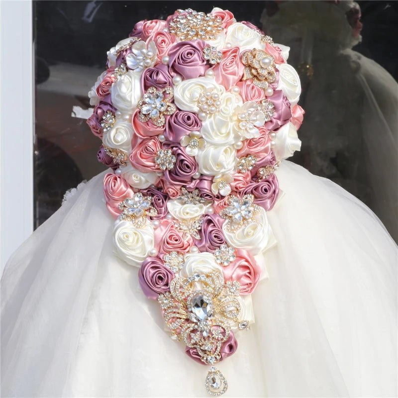 Crystal Bride Waterfall Bouquet – Handmade Satin Rose Bridal Bouquet