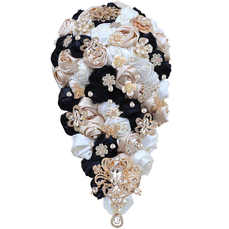 Crystal Bride Waterfall Bouquet – Handmade Satin Rose Bridal Bouquet