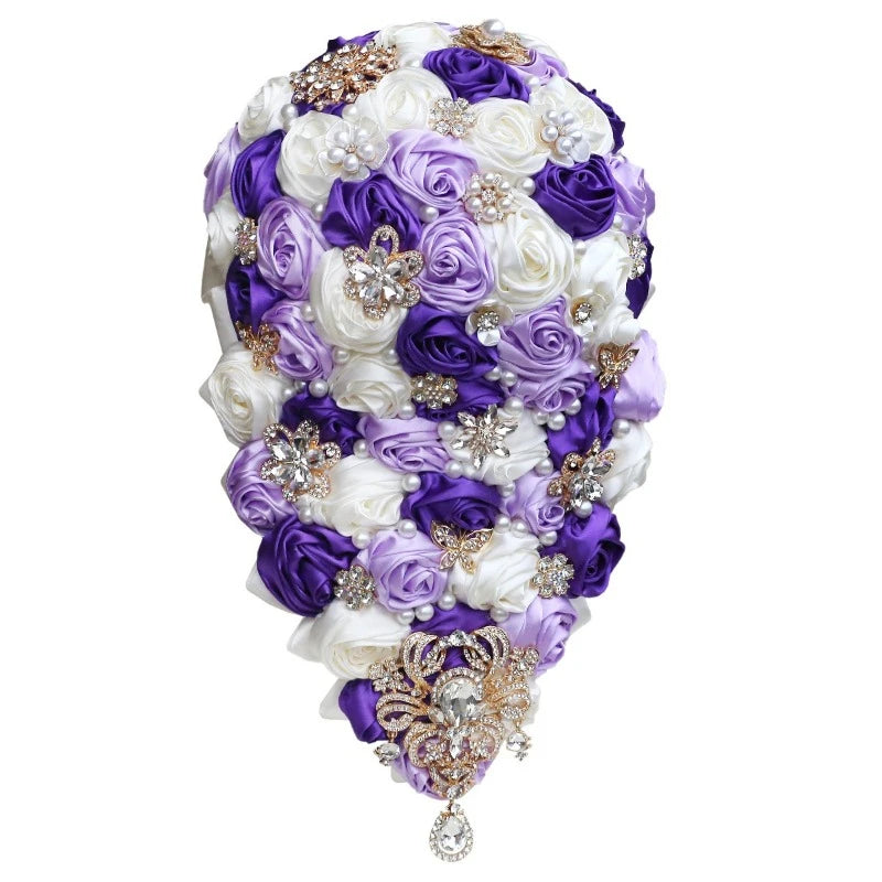 Crystal Bride Waterfall Bouquet – Handmade Satin Rose Bridal Bouquet