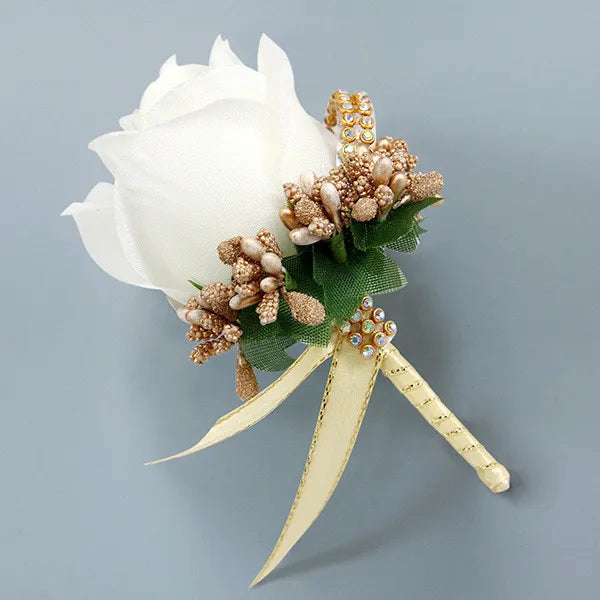 Wedding Boutonniere & Wrist Corsage – Artificial Silk Rose Buttonhole for Groom & Bridal Party