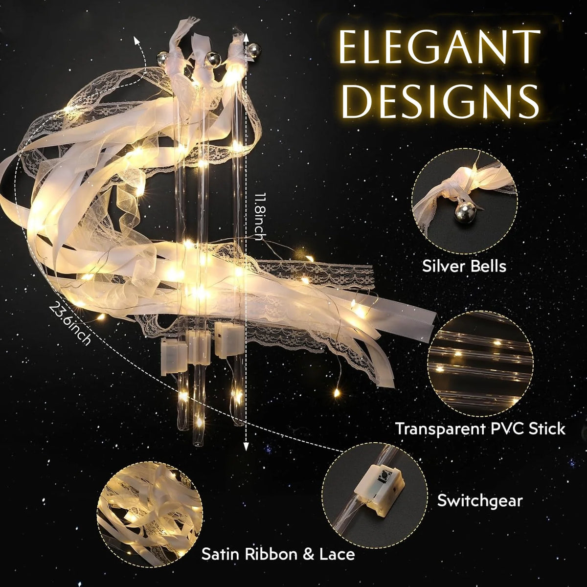 Light Up Wedding Wands LED Ribbon Sparklers with Bells — Wedding Exit and Dance Floor Props (20 to 60 Pieces)