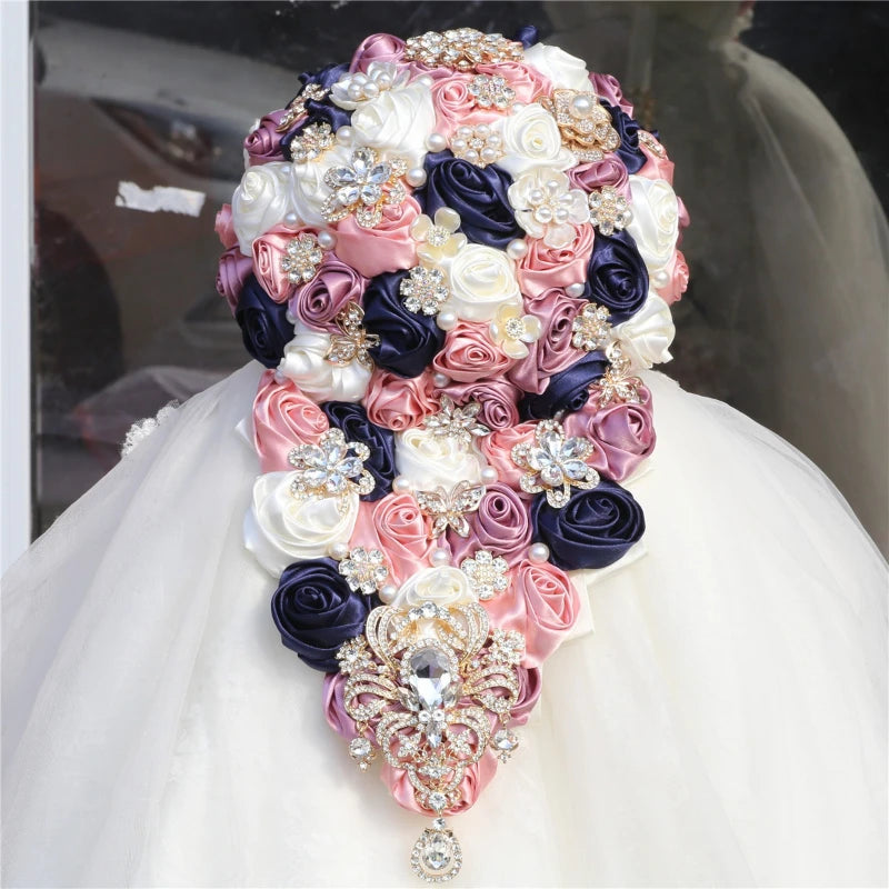 Crystal Bride Waterfall Bouquet – Handmade Satin Rose Bridal Bouquet