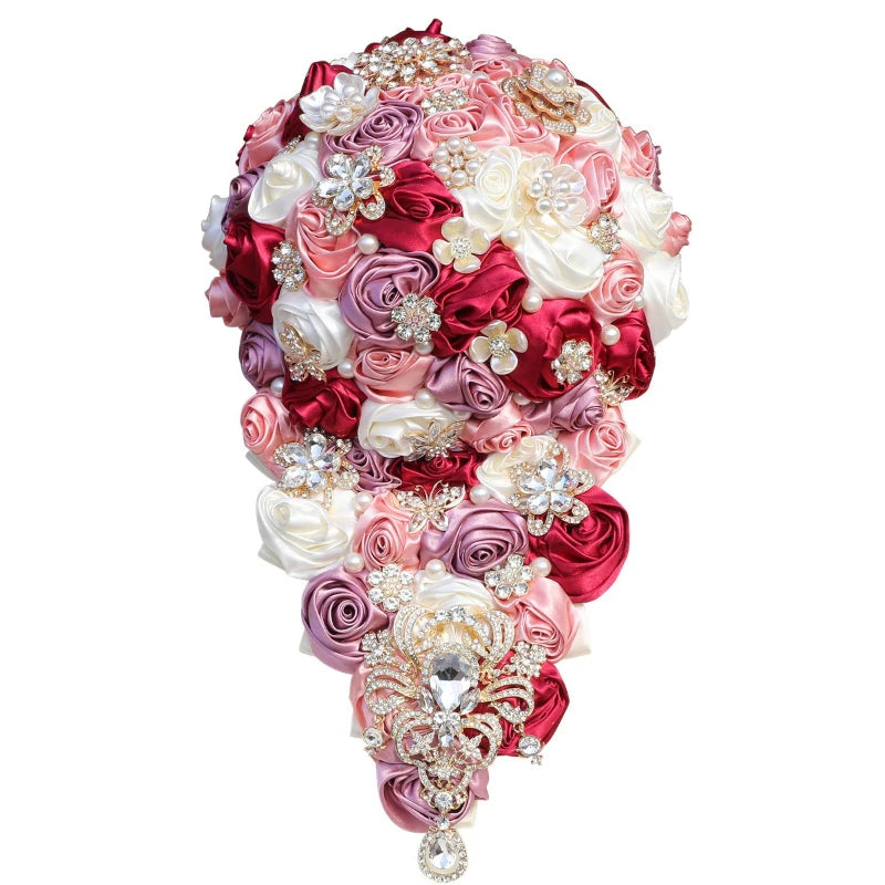 Crystal Bride Waterfall Bouquet – Handmade Satin Rose Bridal Bouquet