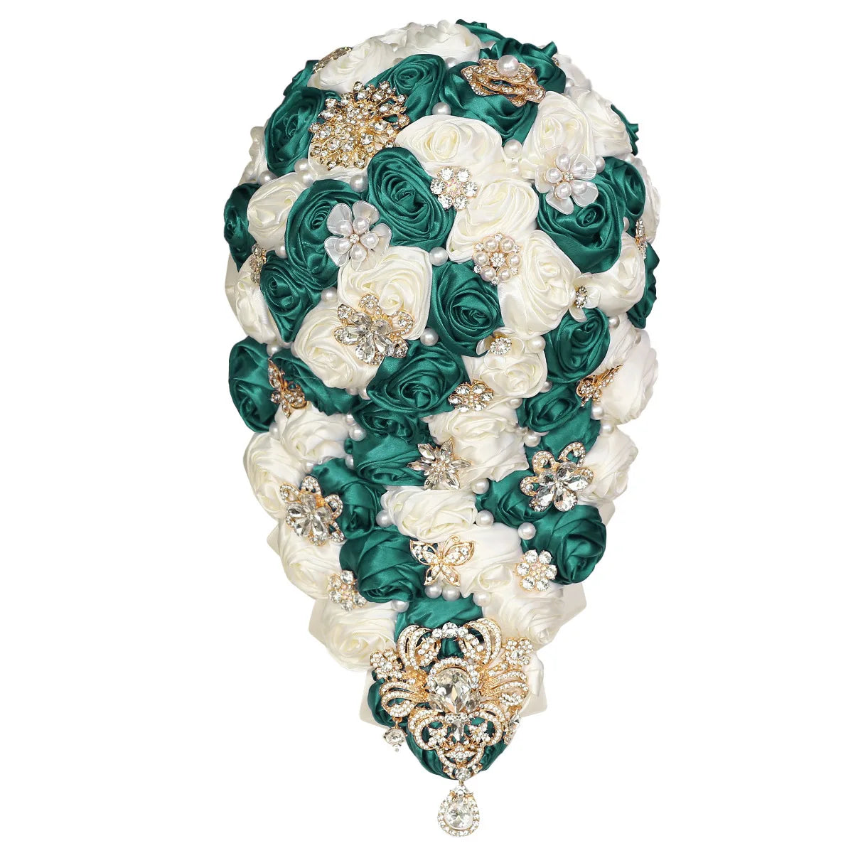 Crystal Bride Waterfall Bouquet – Handmade Satin Rose Bridal Bouquet