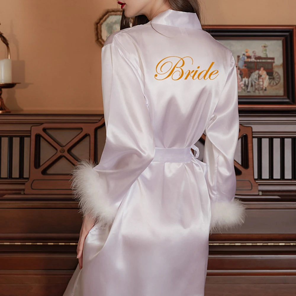 Feather Trim Bridal Satin Robe – Embroidered Bride & Bridesmaid Kimono