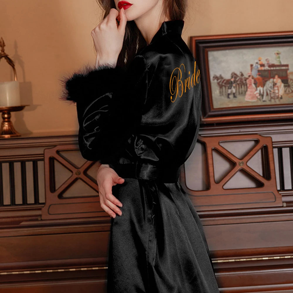 Feather Trim Bridal Satin Robe – Embroidered Bride & Bridesmaid Kimono