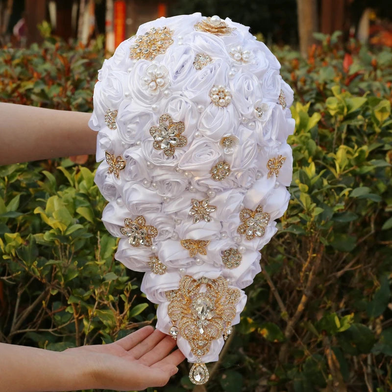Crystal Bride Waterfall Bouquet – Handmade Satin Rose Bridal Bouquet