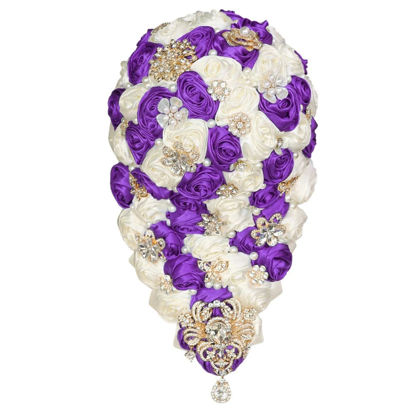 Crystal Bride Waterfall Bouquet – Handmade Satin Rose Bridal Bouquet