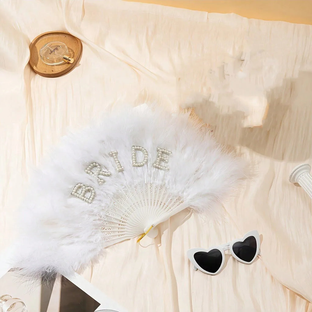 Bridal White Feather Hand Fan with Rhinestone BRIDE Letters
