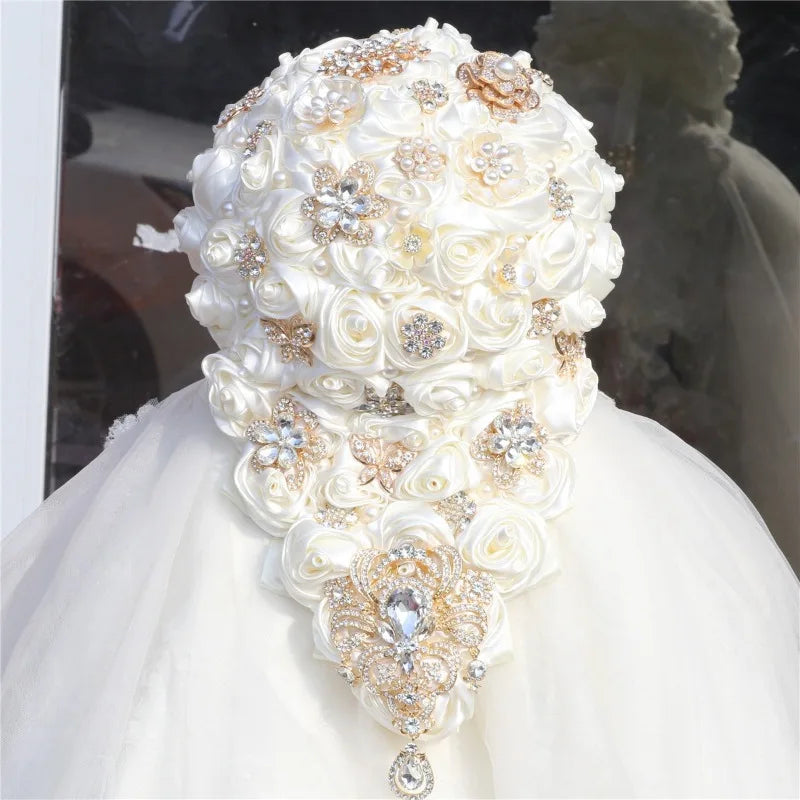 Crystal Bride Waterfall Bouquet – Handmade Satin Rose Bridal Bouquet
