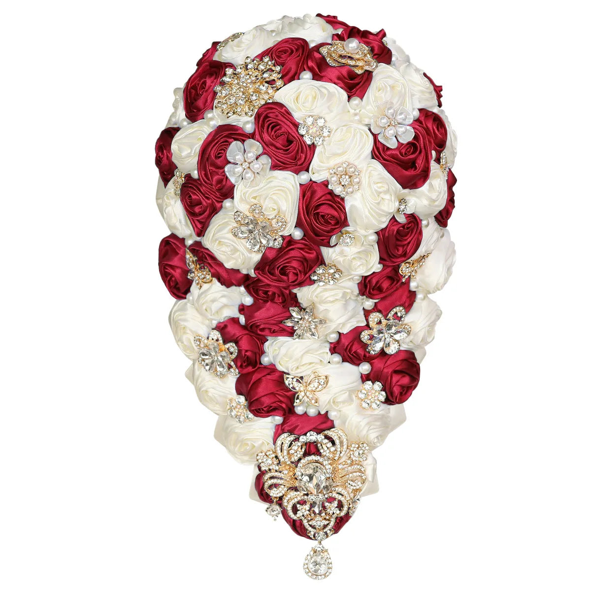 Crystal Bride Waterfall Bouquet – Handmade Satin Rose Bridal Bouquet
