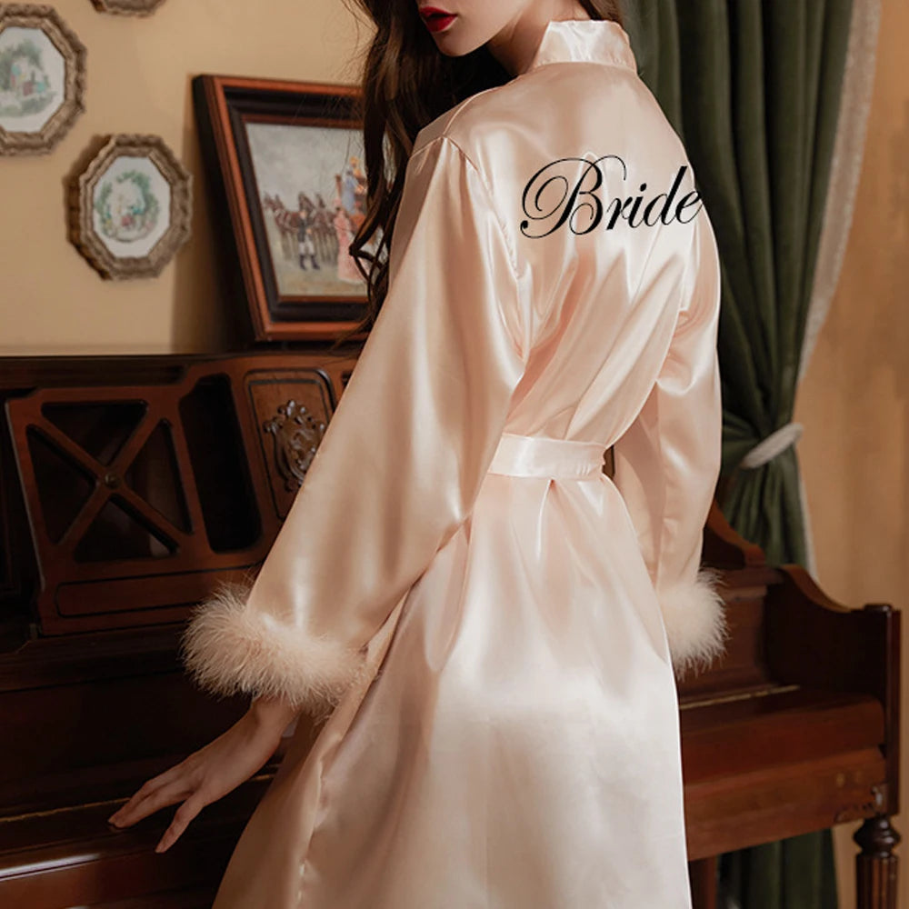 Feather Trim Bridal Satin Robe – Embroidered Bride & Bridesmaid Kimono
