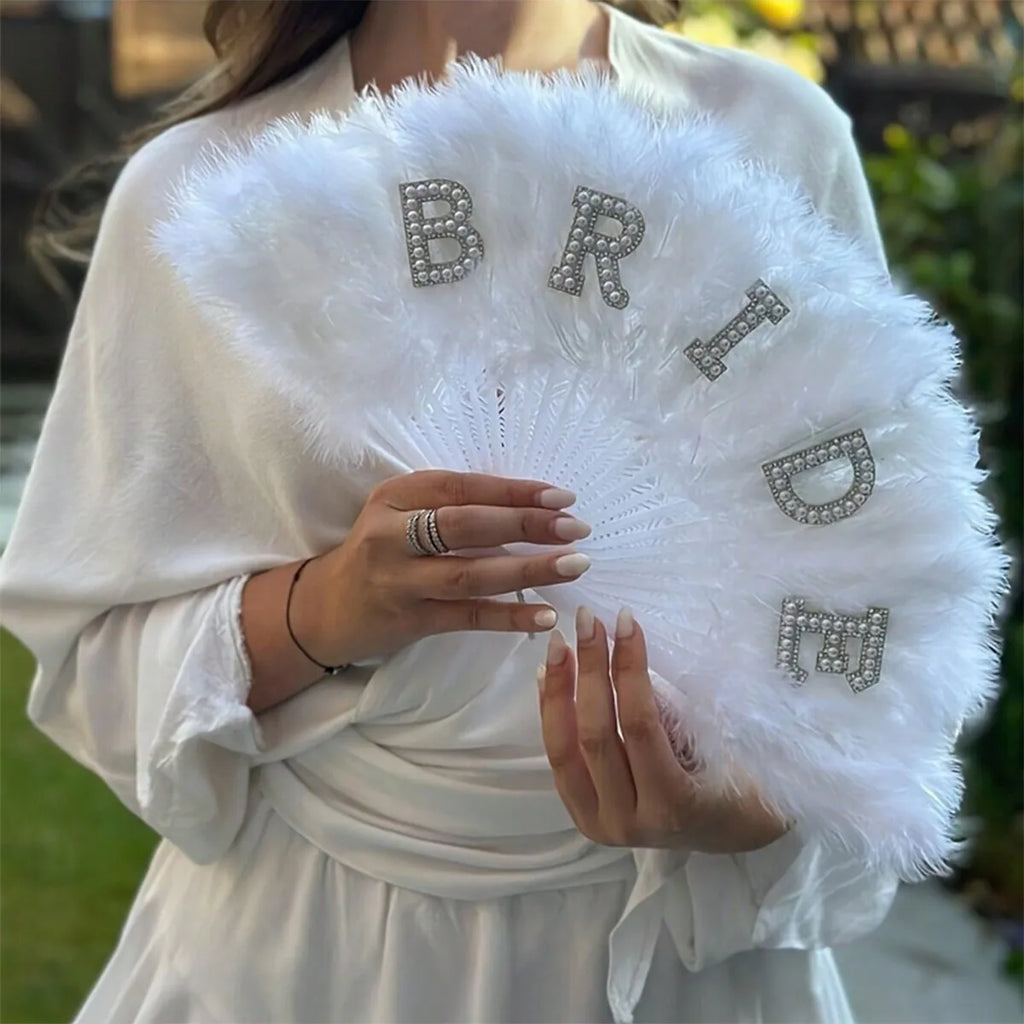 Bridal White Feather Hand Fan with Rhinestone BRIDE Letters