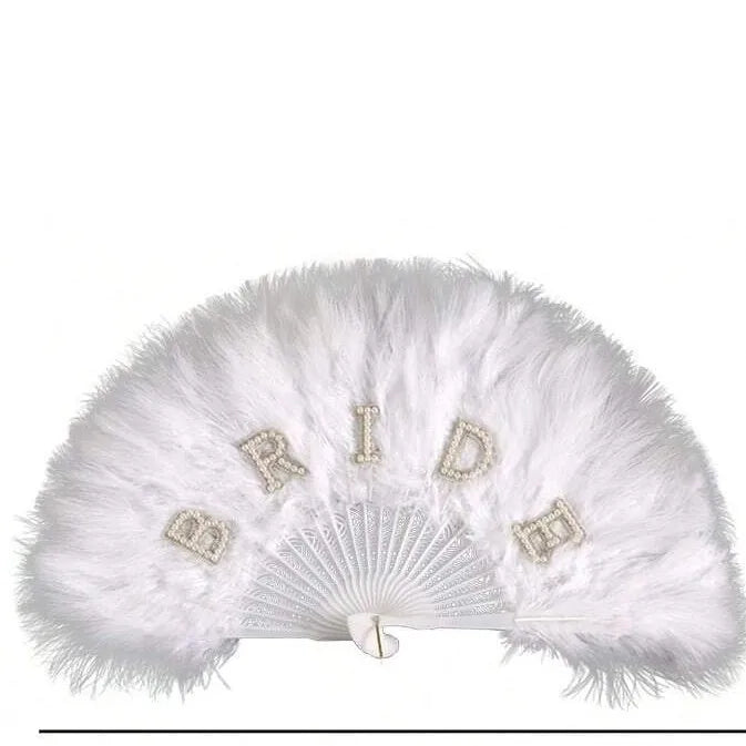 Bridal White Feather Hand Fan with Rhinestone BRIDE Letters