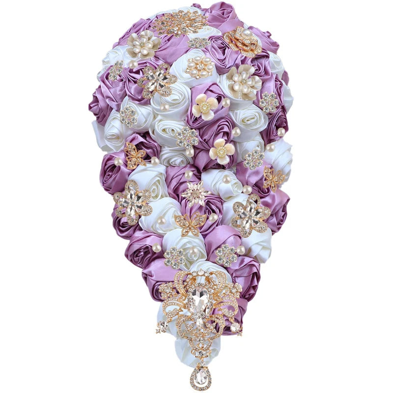 Crystal Bride Waterfall Bouquet – Handmade Satin Rose Bridal Bouquet