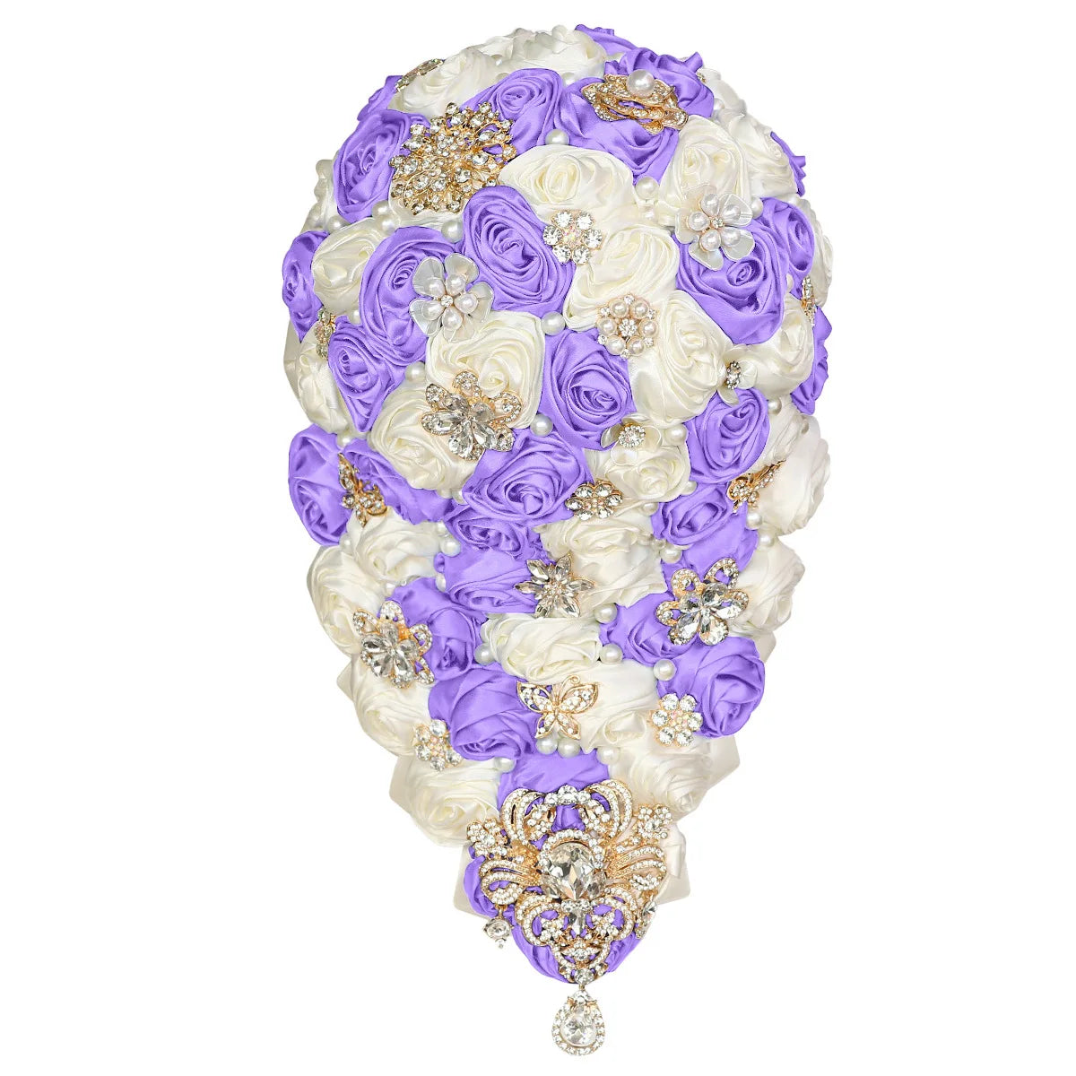 Crystal Bride Waterfall Bouquet – Handmade Satin Rose Bridal Bouquet