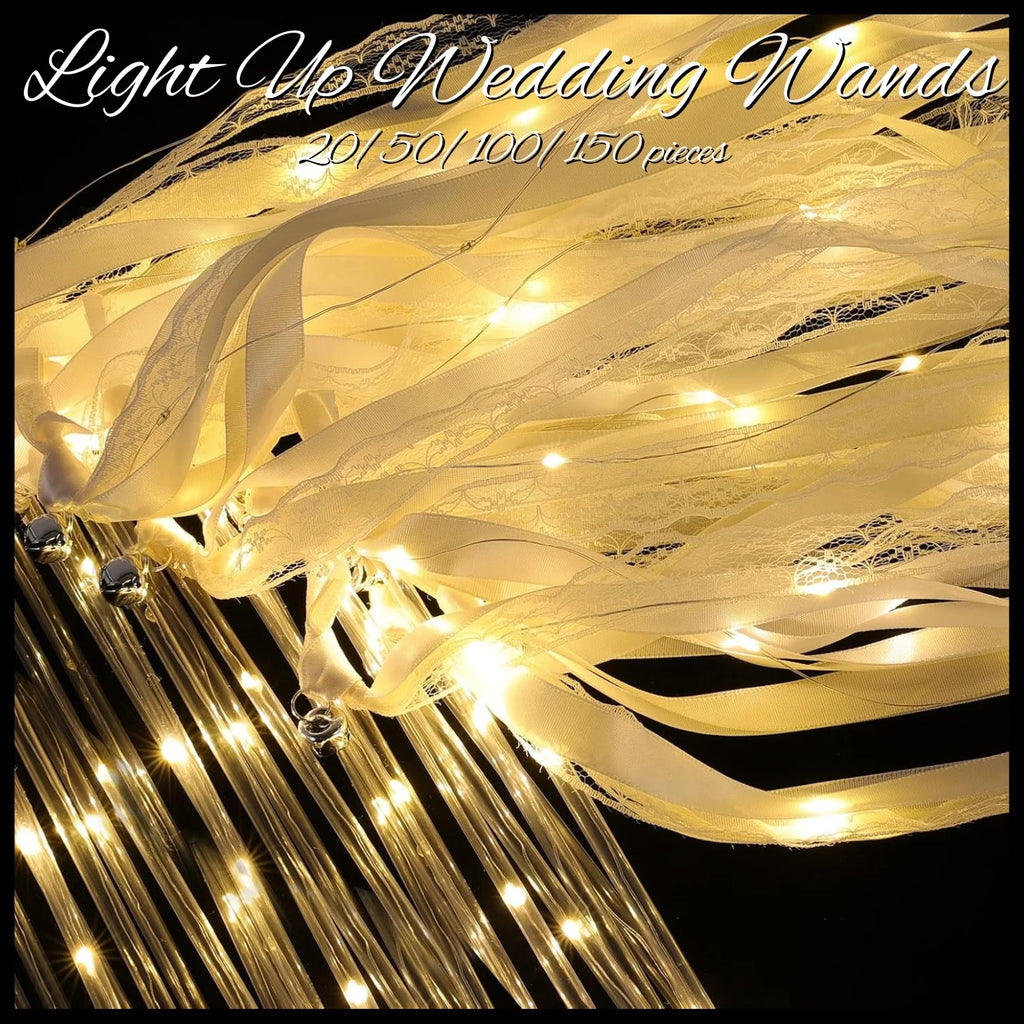 Light Up Wedding Wands LED Ribbon Sparklers with Bells — Wedding Exit and Dance Floor Props (20 to 60 Pieces)
