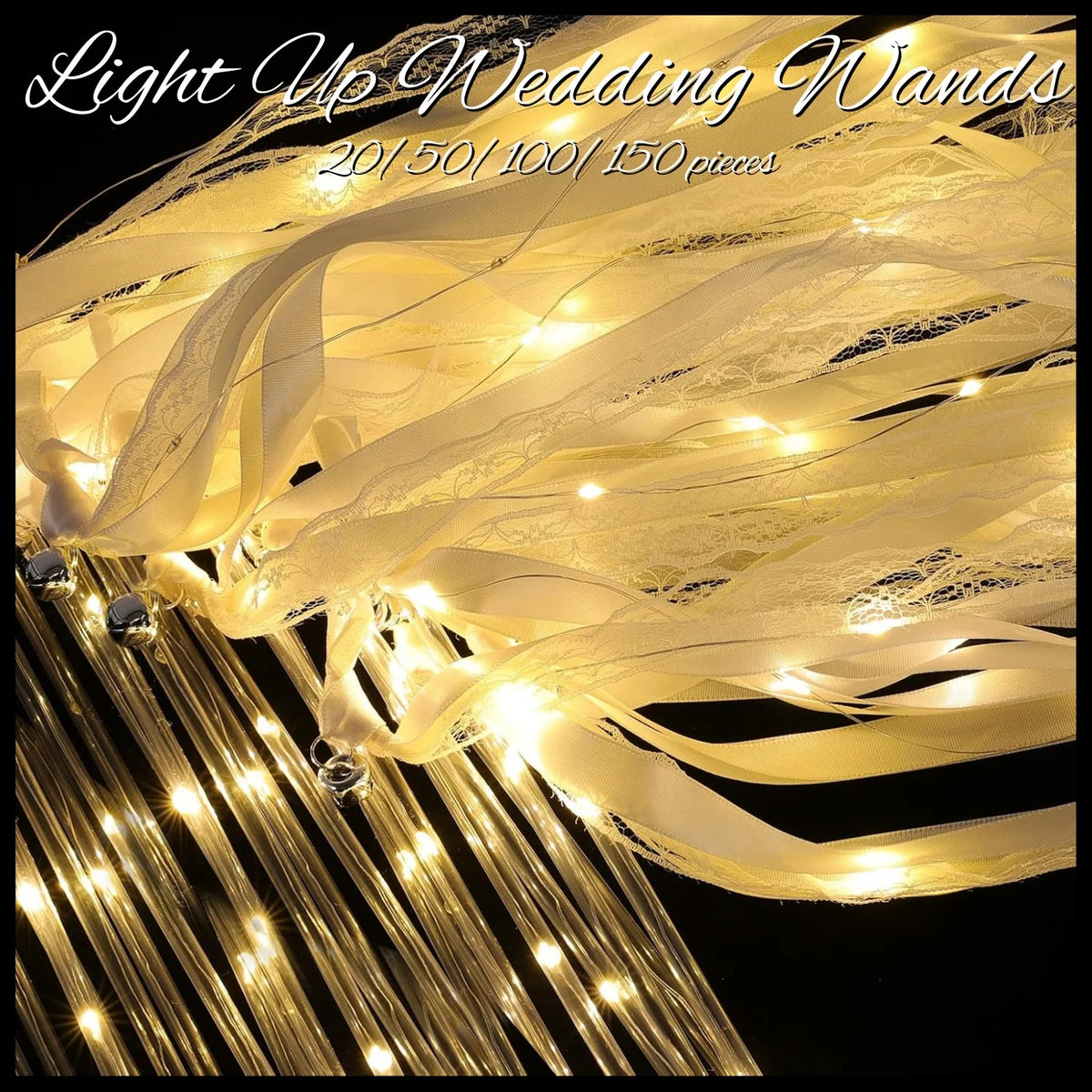 Light Up Wedding Wands LED Ribbon Sparklers with Bells — Wedding Exit and Dance Floor Props (20 to 60 Pieces)