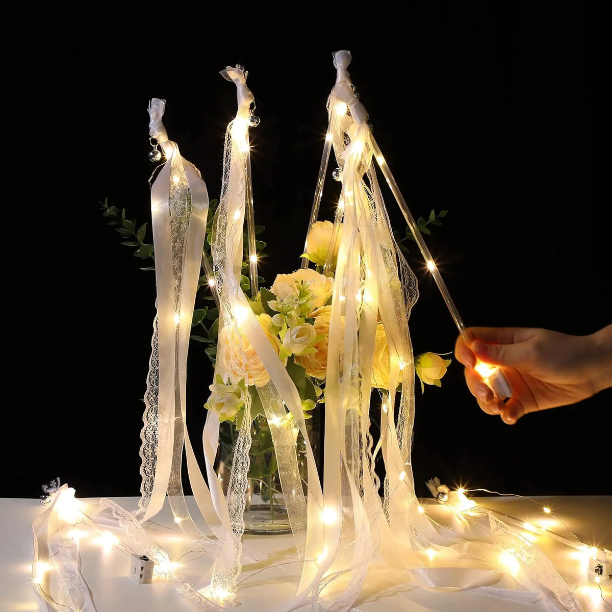 Light Up Wedding Wands LED Ribbon Sparklers with Bells — Wedding Exit and Dance Floor Props (20 to 60 Pieces)