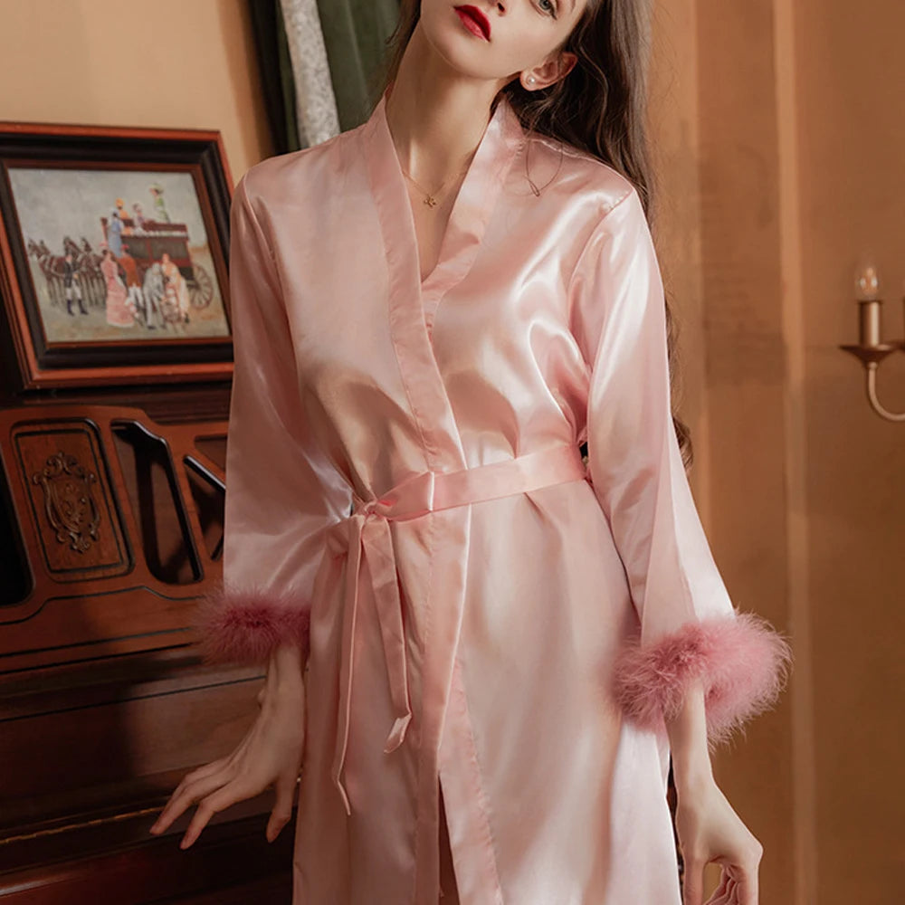 Feather Trim Bridal Satin Robe – Embroidered Bride & Bridesmaid Kimono